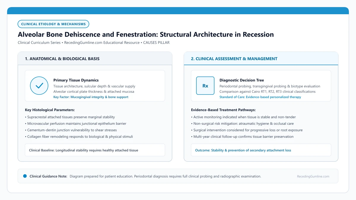 Educational diagram illustrating alveolar bone dehiscence and fenestration: structural architecture in recession, highlighting clinical tissue dynamics, anatomical landmarks, and evidence-based considerations.