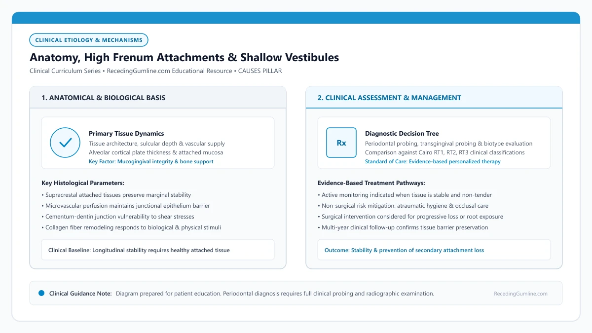 Educational diagram illustrating anatomy, high frenum attachments & shallow vestibules, highlighting clinical tissue dynamics, anatomical landmarks, and evidence-based considerations.