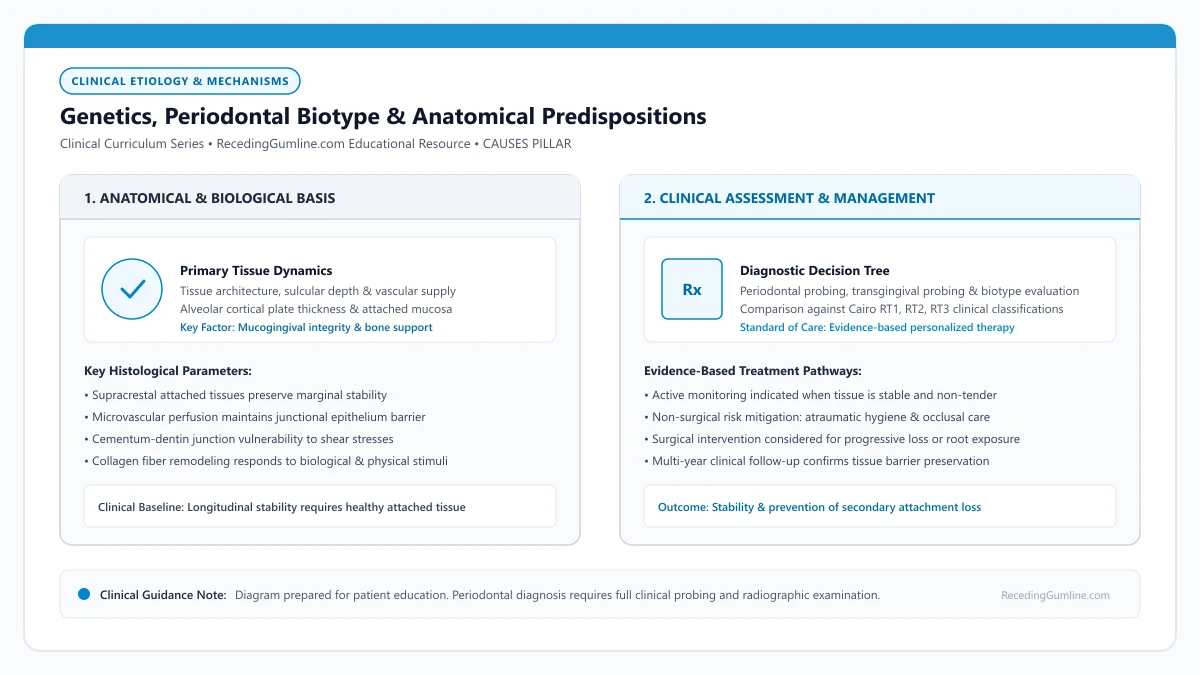 Educational diagram illustrating genetics, periodontal biotype & anatomical predispositions, highlighting clinical tissue dynamics, anatomical landmarks, and evidence-based considerations.