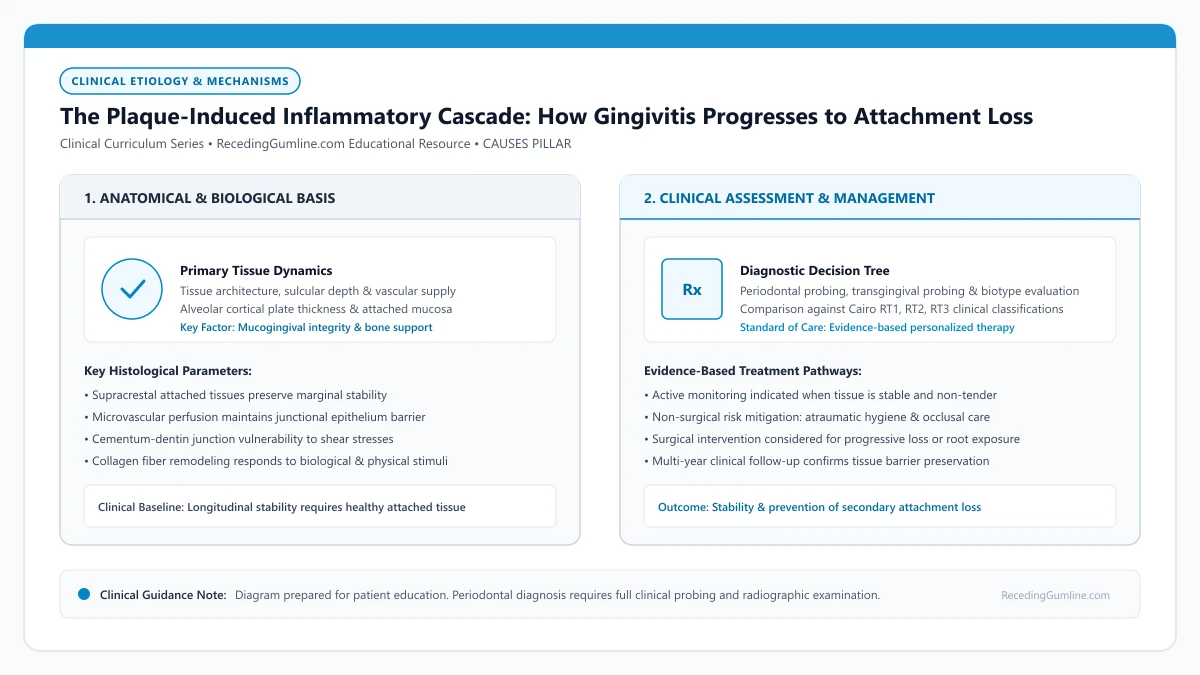 Educational diagram illustrating the plaque-induced inflammatory cascade: how gingivitis progresses to attachment loss, highlighting clinical tissue dynamics, anatomical landmarks, and evidence-based considerations.