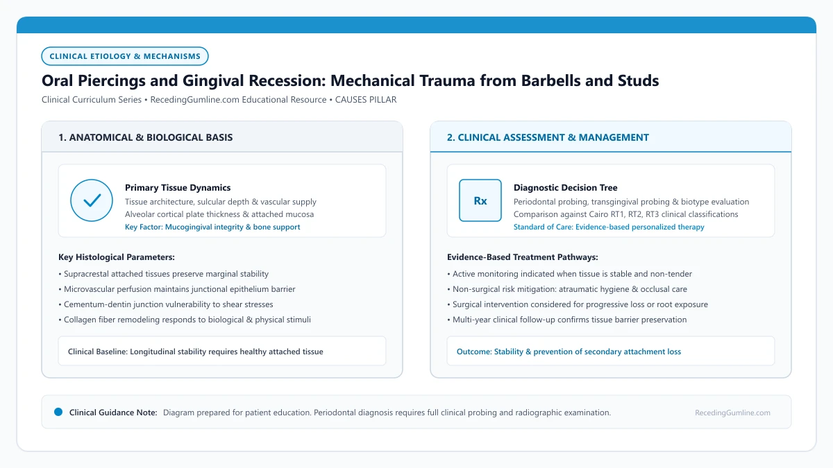 Educational diagram illustrating oral piercings and gingival recession: mechanical trauma from barbells and studs, highlighting clinical tissue dynamics, anatomical landmarks, and evidence-based considerations.