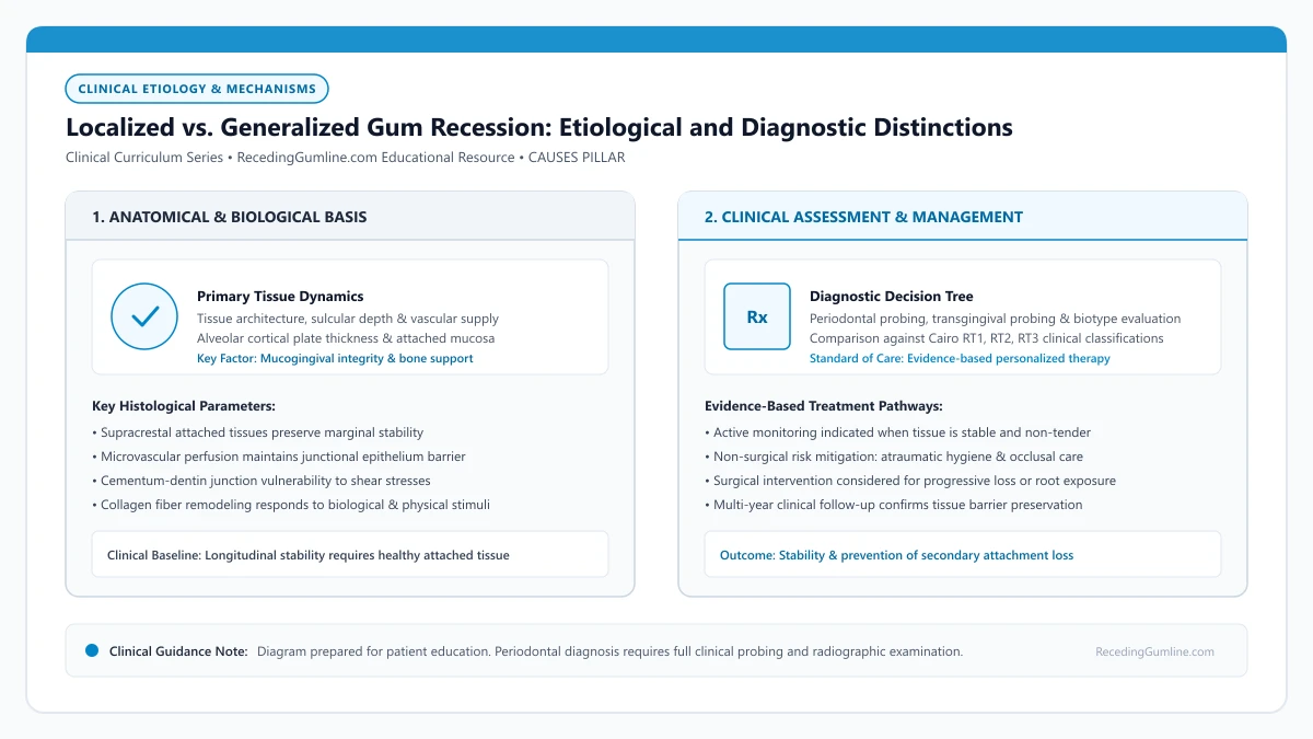 Educational diagram illustrating localized vs. generalized gum recession: etiological and diagnostic distinctions, highlighting clinical tissue dynamics, anatomical landmarks, and evidence-based considerations.