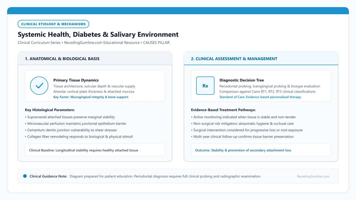 Educational diagram illustrating systemic health, diabetes & salivary environment, highlighting clinical tissue dynamics, anatomical landmarks, and evidence-based considerations.