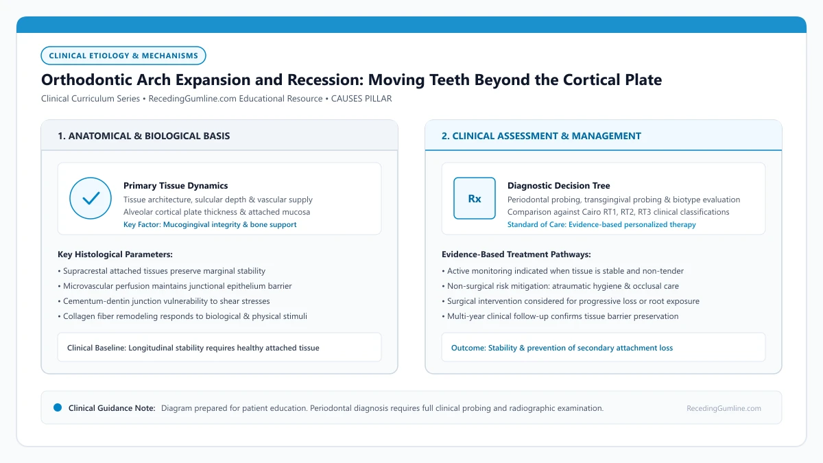 Educational diagram illustrating orthodontic arch expansion and recession: moving teeth beyond the cortical plate, highlighting clinical tissue dynamics, anatomical landmarks, and evidence-based considerations.