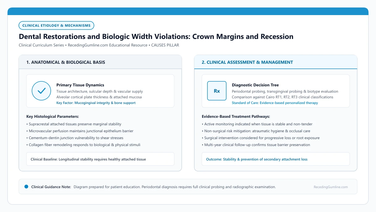 Educational diagram illustrating dental restorations and biologic width violations: crown margins and recession, highlighting clinical tissue dynamics, anatomical landmarks, and evidence-based considerations.