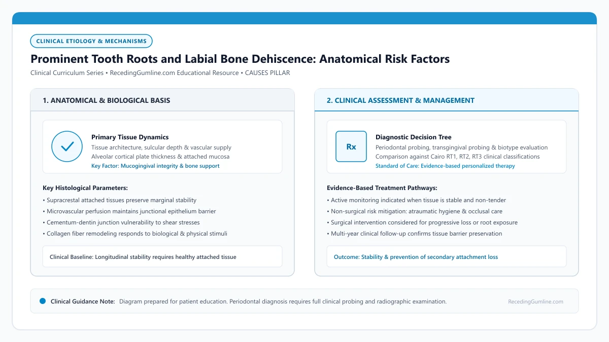 Educational diagram illustrating prominent tooth roots and labial bone dehiscence: anatomical risk factors, highlighting clinical tissue dynamics, anatomical landmarks, and evidence-based considerations.