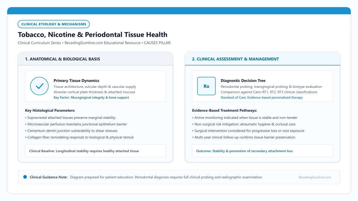 Educational diagram illustrating tobacco, nicotine & periodontal tissue health, highlighting clinical tissue dynamics, anatomical landmarks, and evidence-based considerations.