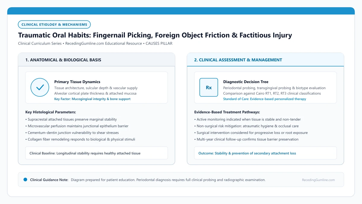Educational diagram illustrating traumatic oral habits: fingernail picking, foreign object friction & factitious injury, highlighting clinical tissue dynamics, anatomical landmarks, and evidence-based considerations.