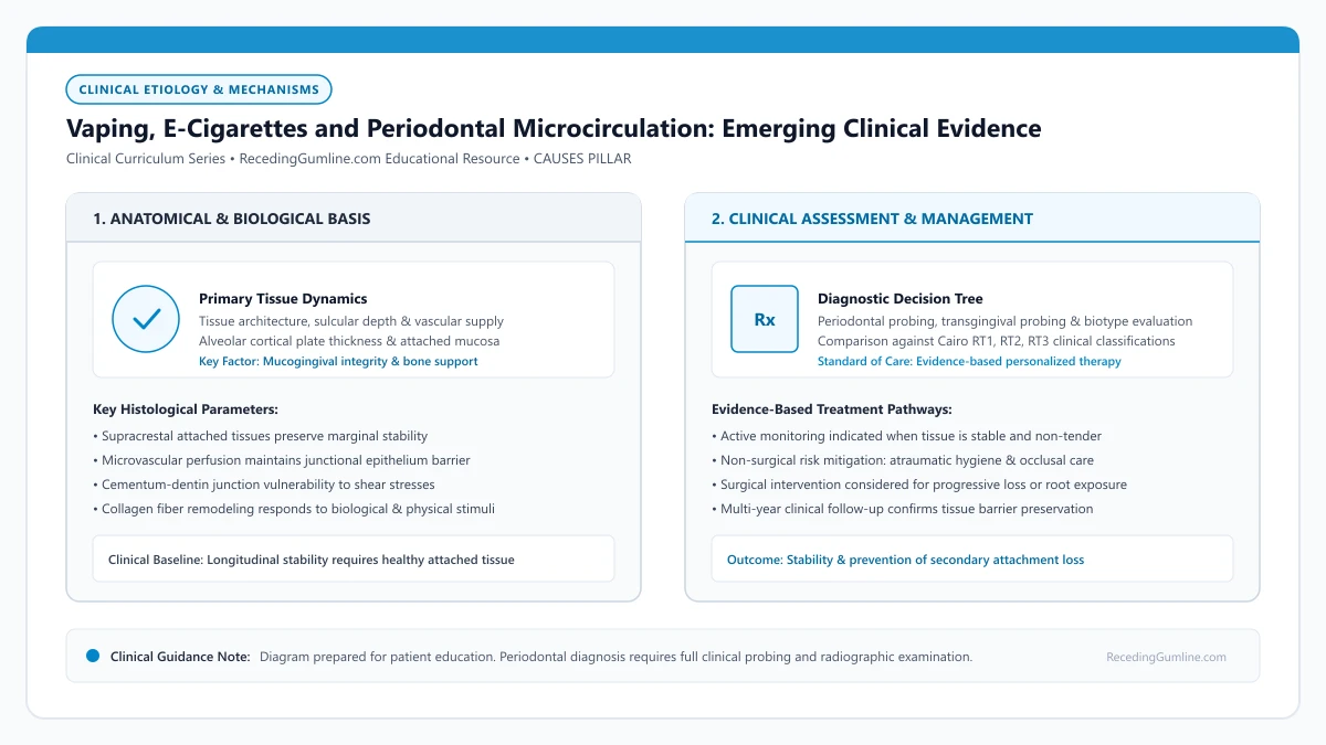 Educational diagram illustrating vaping, e-cigarettes and periodontal microcirculation: emerging clinical evidence, highlighting clinical tissue dynamics, anatomical landmarks, and evidence-based considerations.
