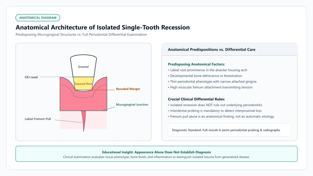 Anatomical diagram of a single tooth exhibiting localized gingival recession, showing root prominence, alveolar bone margin, and adjacent mucogingival structures.