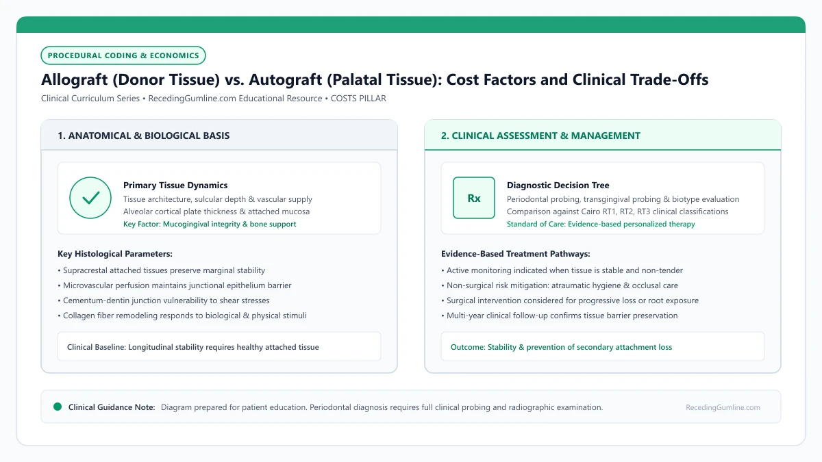 Educational diagram illustrating allograft (donor tissue) vs. autograft (palatal tissue): cost factors and clinical trade-offs, highlighting clinical tissue dynamics, anatomical landmarks, and evidence-based considerations.