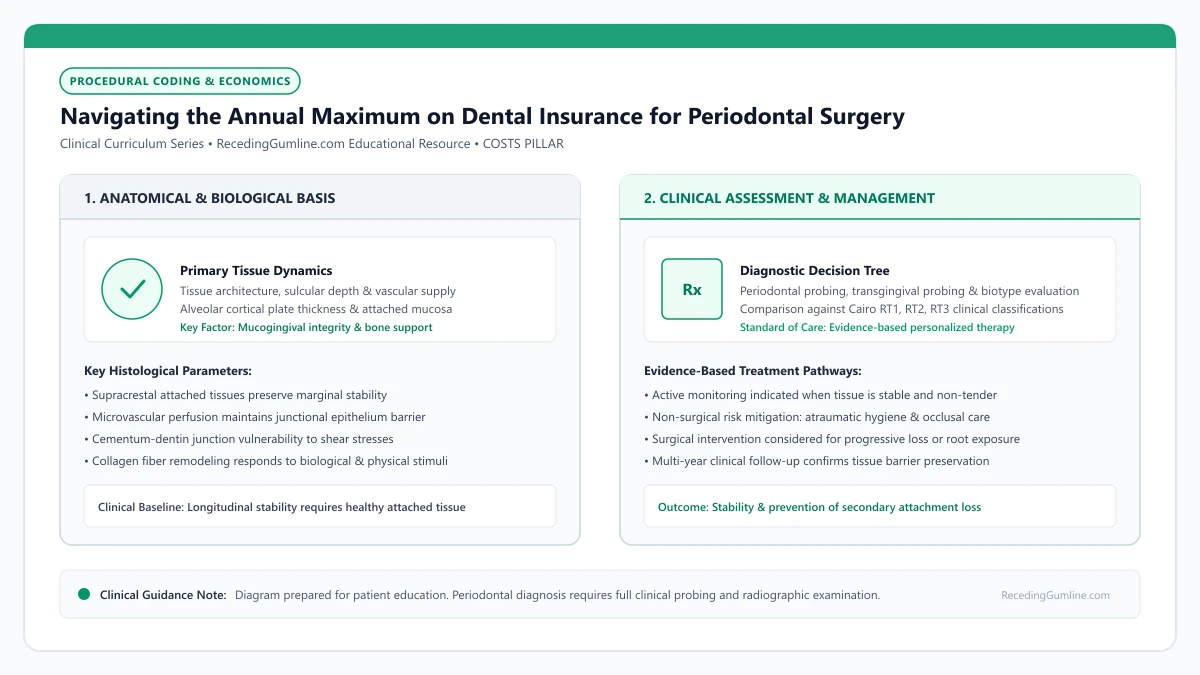 Educational diagram illustrating navigating the annual maximum on dental insurance for periodontal surgery, highlighting clinical tissue dynamics, anatomical landmarks, and evidence-based considerations.