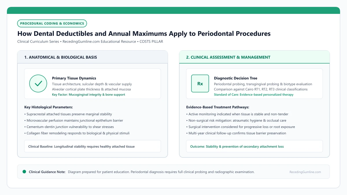 Educational diagram illustrating how dental deductibles and annual maximums apply to periodontal procedures, highlighting clinical tissue dynamics, anatomical landmarks, and evidence-based considerations.