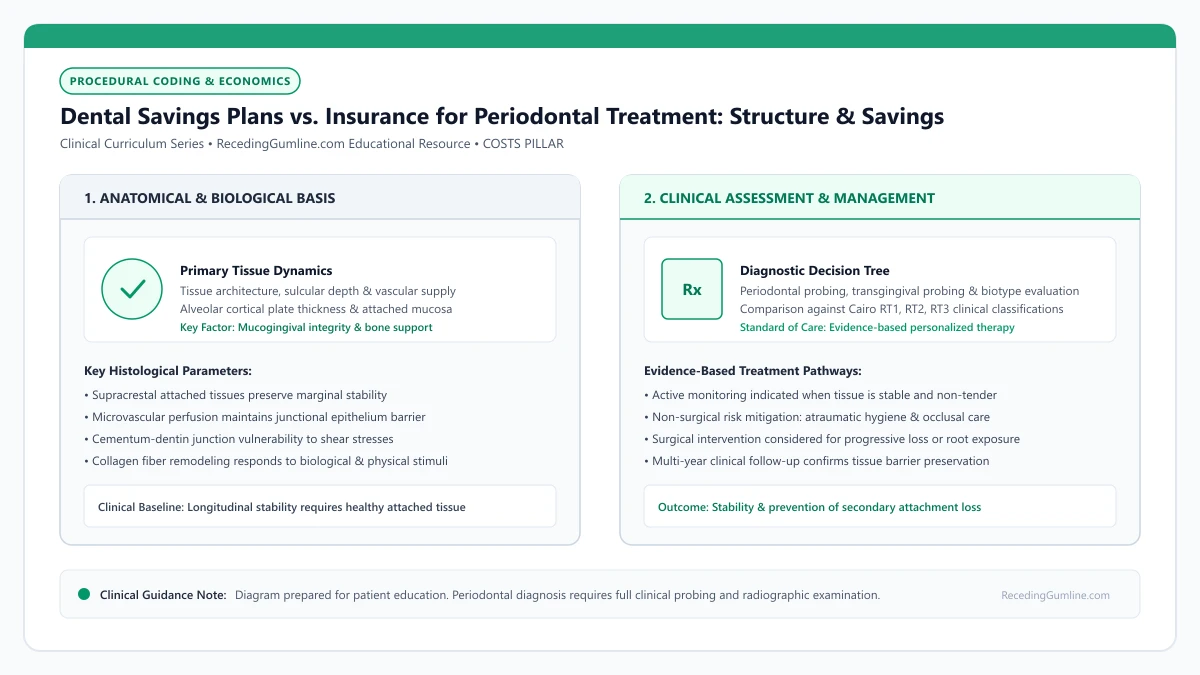 Educational diagram illustrating dental savings plans vs. insurance for periodontal treatment: structure & savings, highlighting clinical tissue dynamics, anatomical landmarks, and evidence-based considerations.