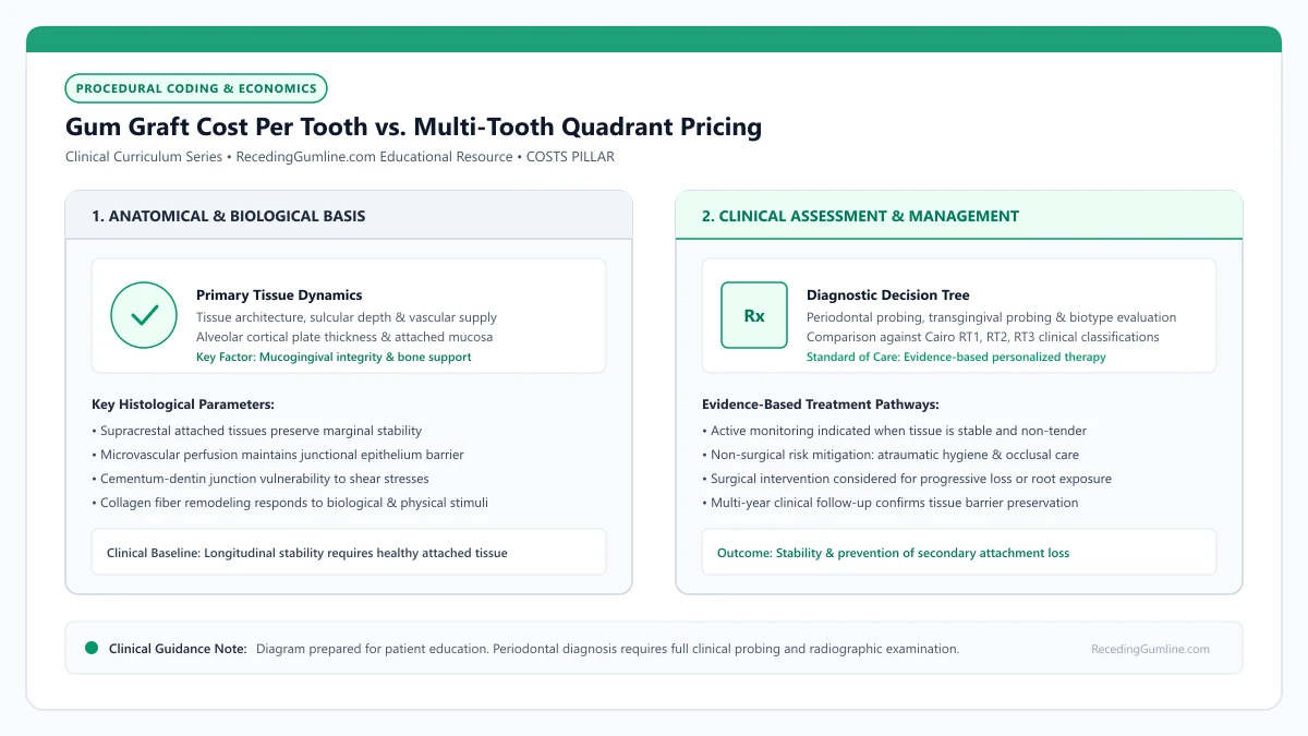 Educational diagram illustrating gum graft cost per tooth vs. multi-tooth quadrant pricing, highlighting clinical tissue dynamics, anatomical landmarks, and evidence-based considerations.