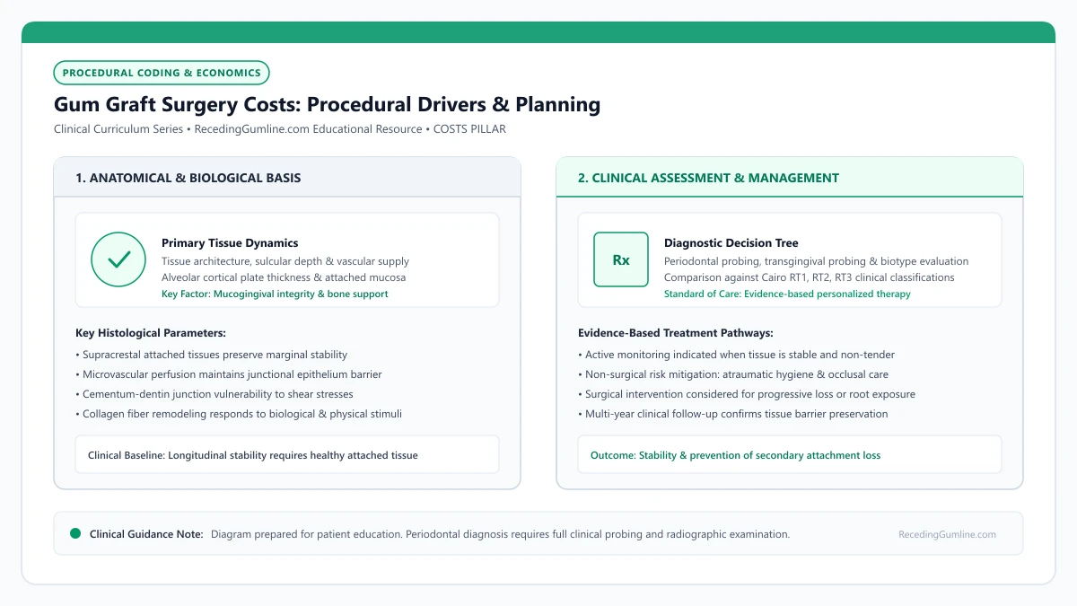 Educational diagram illustrating gum graft surgery costs: procedural drivers & planning, highlighting clinical tissue dynamics, anatomical landmarks, and evidence-based considerations.