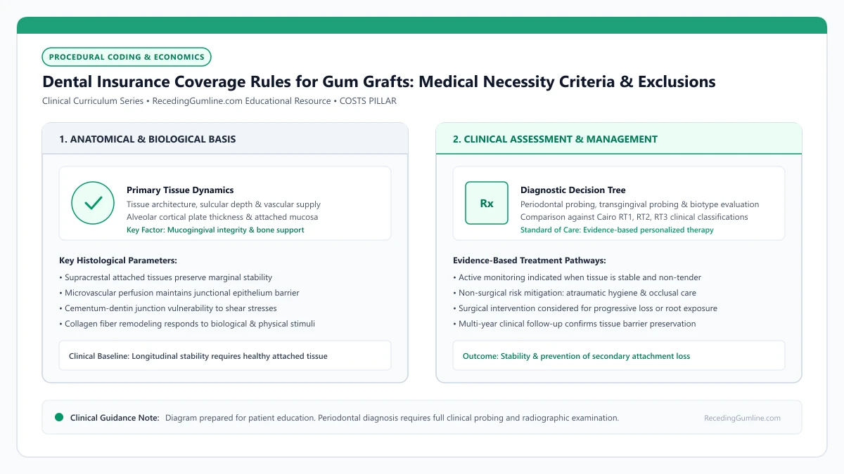 Educational diagram illustrating dental insurance coverage rules for gum grafts: medical necessity criteria & exclusions, highlighting clinical tissue dynamics, anatomical landmarks, and evidence-based considerations.