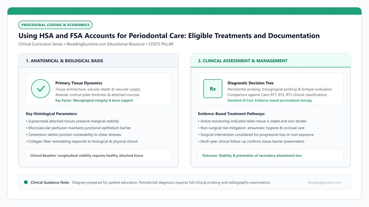 Educational diagram illustrating using hsa and fsa accounts for periodontal care: eligible treatments and documentation, highlighting clinical tissue dynamics, anatomical landmarks, and evidence-based considerations.