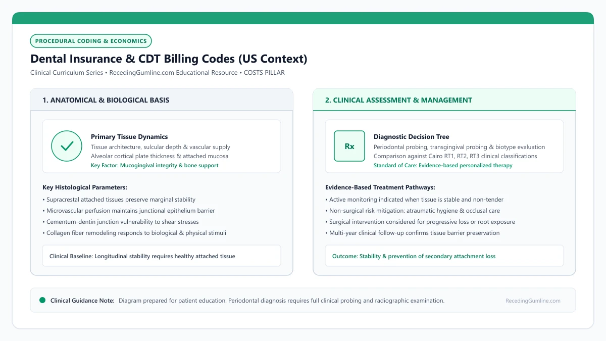 Educational diagram illustrating dental insurance & cdt billing codes (us context), highlighting clinical tissue dynamics, anatomical landmarks, and evidence-based considerations.