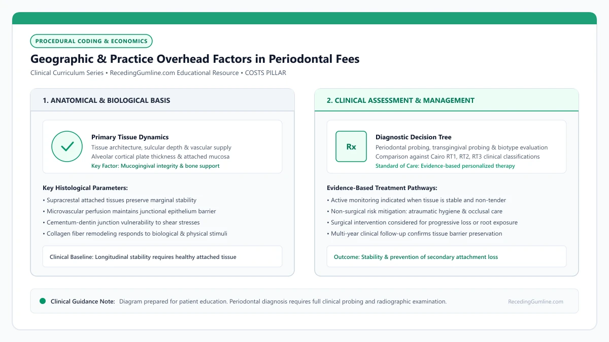 Educational diagram illustrating geographic & practice overhead factors in periodontal fees, highlighting clinical tissue dynamics, anatomical landmarks, and evidence-based considerations.