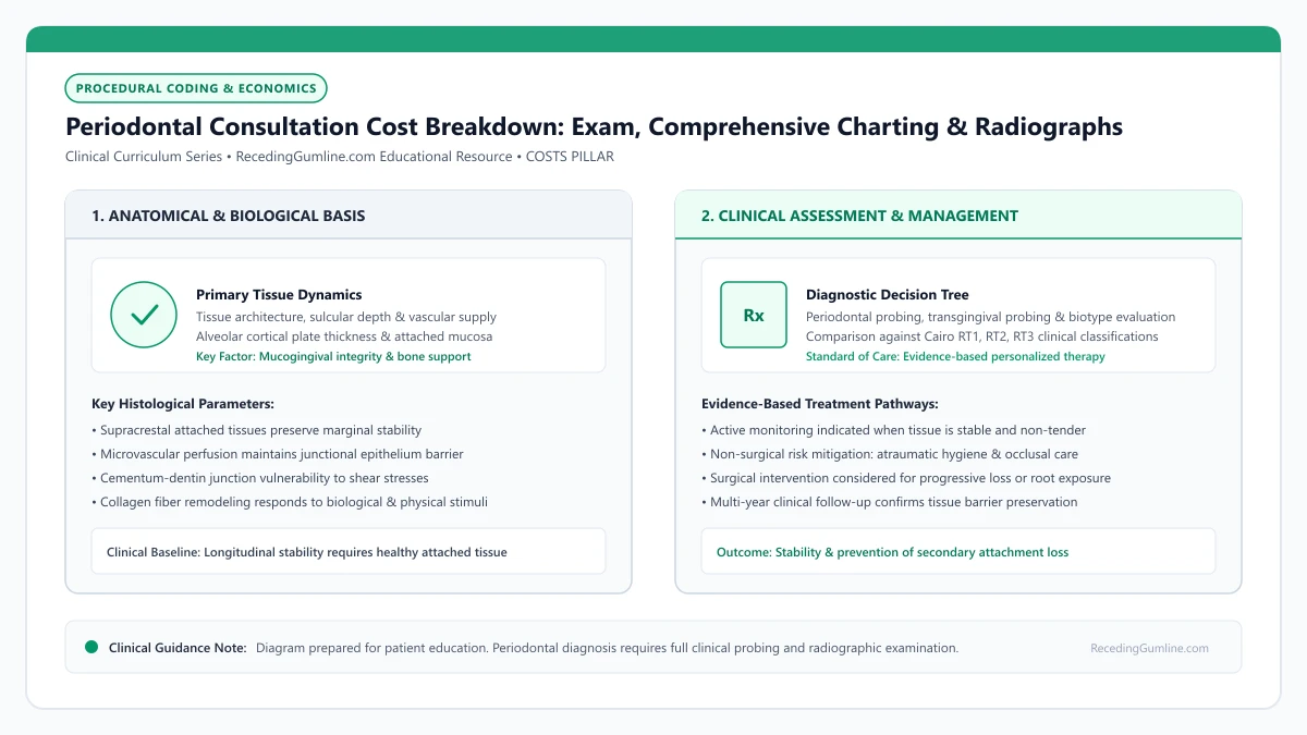 Educational diagram illustrating periodontal consultation cost breakdown: exam, comprehensive charting & radiographs, highlighting clinical tissue dynamics, anatomical landmarks, and evidence-based considerations.
