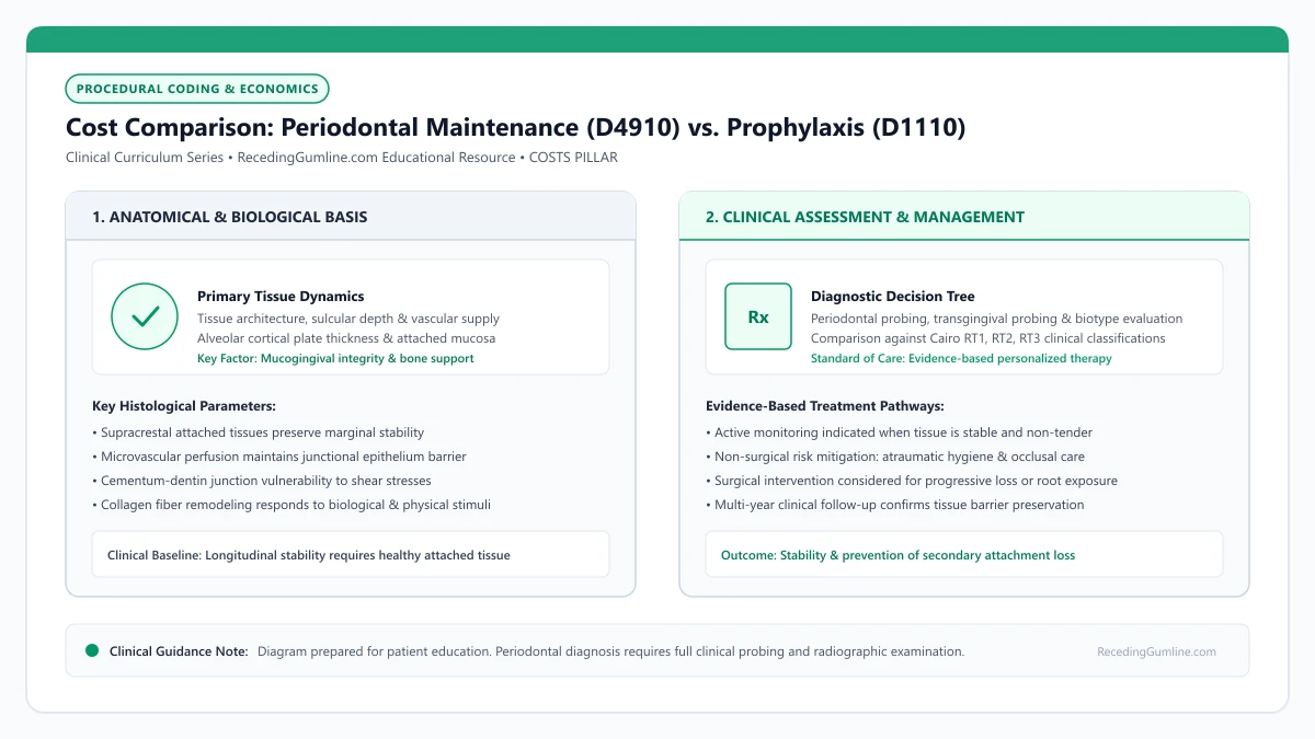 Educational diagram illustrating cost comparison: periodontal maintenance (d4910) vs. prophylaxis (d1110), highlighting clinical tissue dynamics, anatomical landmarks, and evidence-based considerations.