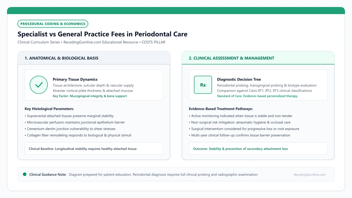 Educational diagram illustrating specialist vs general practice fees in periodontal care, highlighting clinical tissue dynamics, anatomical landmarks, and evidence-based considerations.