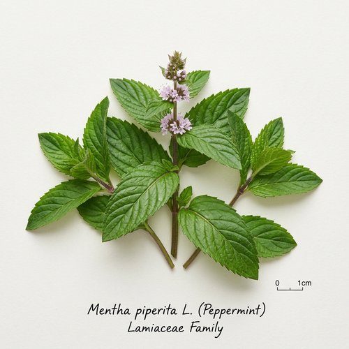 Botanical specimen of fresh Peppermint leaves (Mentha piperita) with flowering stem
