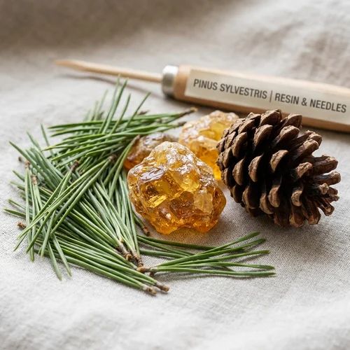 Botanical specimen of Pine needles with golden carotenoid resin and cone