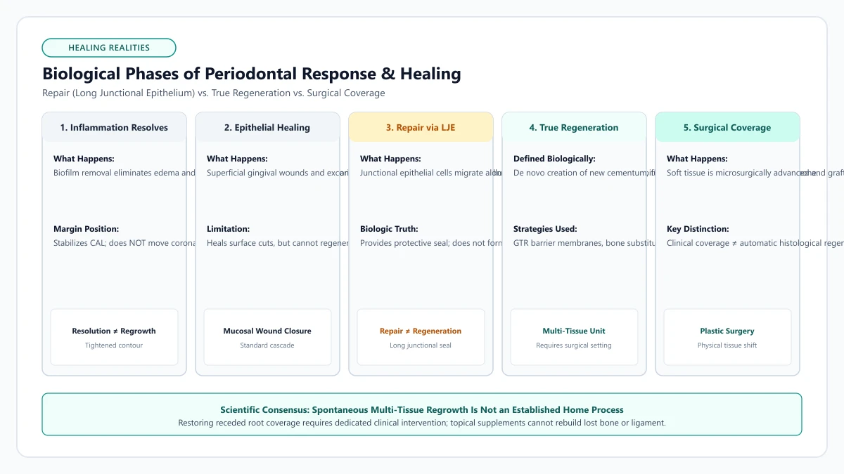 Biological diagram distinguishing periodontal repair via a long junctional epithelium from true periodontal regeneration of bone, ligament, and cementum.