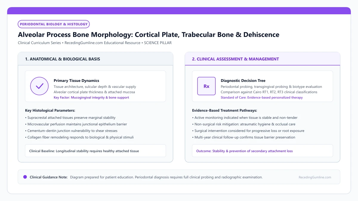 Educational diagram illustrating alveolar process bone morphology: cortical plate, trabecular bone & dehiscence, highlighting clinical tissue dynamics, anatomical landmarks, and evidence-based considerations.