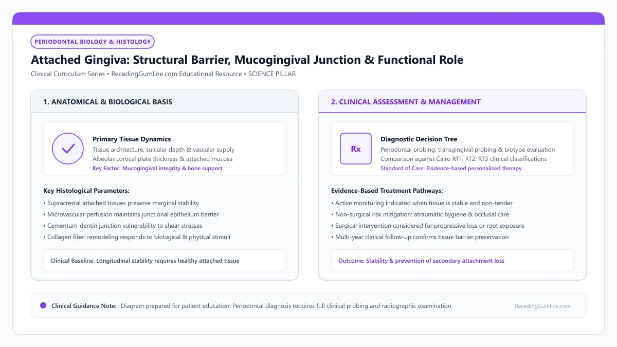 Educational diagram illustrating attached gingiva: structural barrier, mucogingival junction & functional role, highlighting clinical tissue dynamics, anatomical landmarks, and evidence-based considerations.