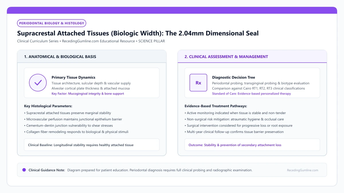 Educational diagram illustrating supracrestal attached tissues (biologic width): the 2.04mm dimensional seal, highlighting clinical tissue dynamics, anatomical landmarks, and evidence-based considerations.