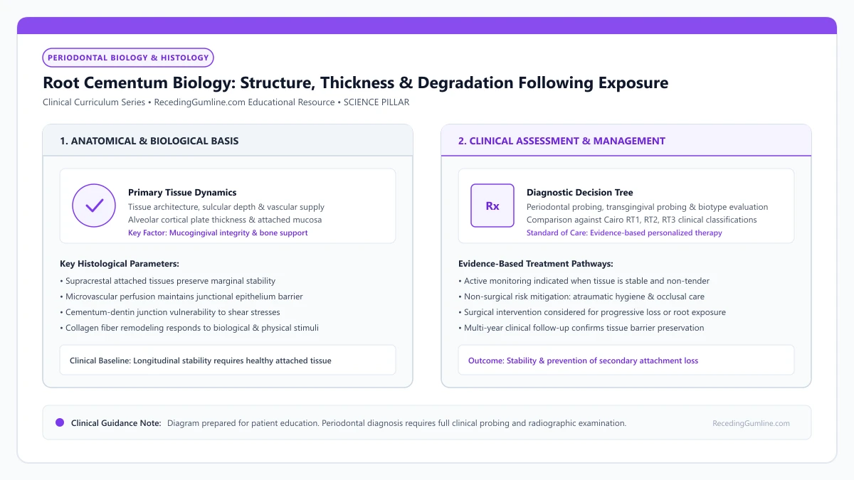 Educational diagram illustrating root cementum biology: structure, thickness & degradation following exposure, highlighting clinical tissue dynamics, anatomical landmarks, and evidence-based considerations.