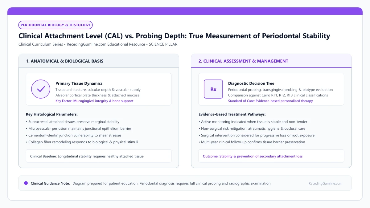 Educational diagram illustrating clinical attachment level (cal) vs. probing depth: true measurement of periodontal stability, highlighting clinical tissue dynamics, anatomical landmarks, and evidence-based considerations.