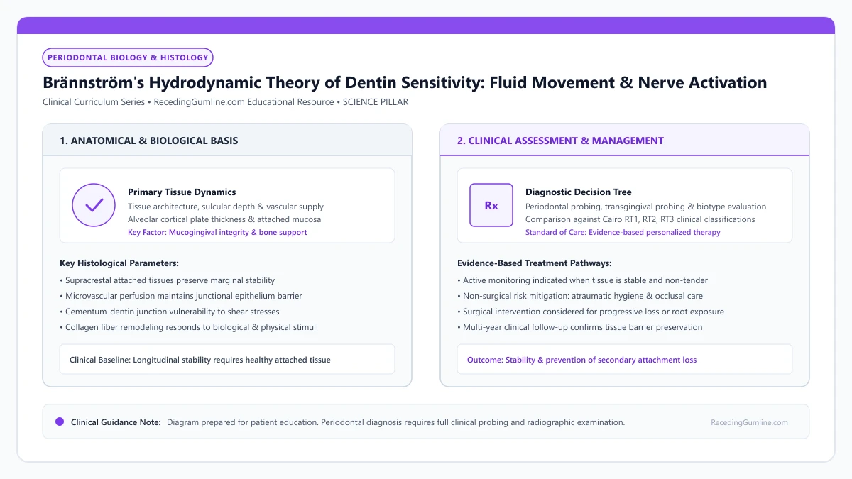 Educational diagram illustrating brännström's hydrodynamic theory of dentin sensitivity: fluid movement & nerve activation, highlighting clinical tissue dynamics, anatomical landmarks, and evidence-based considerations.