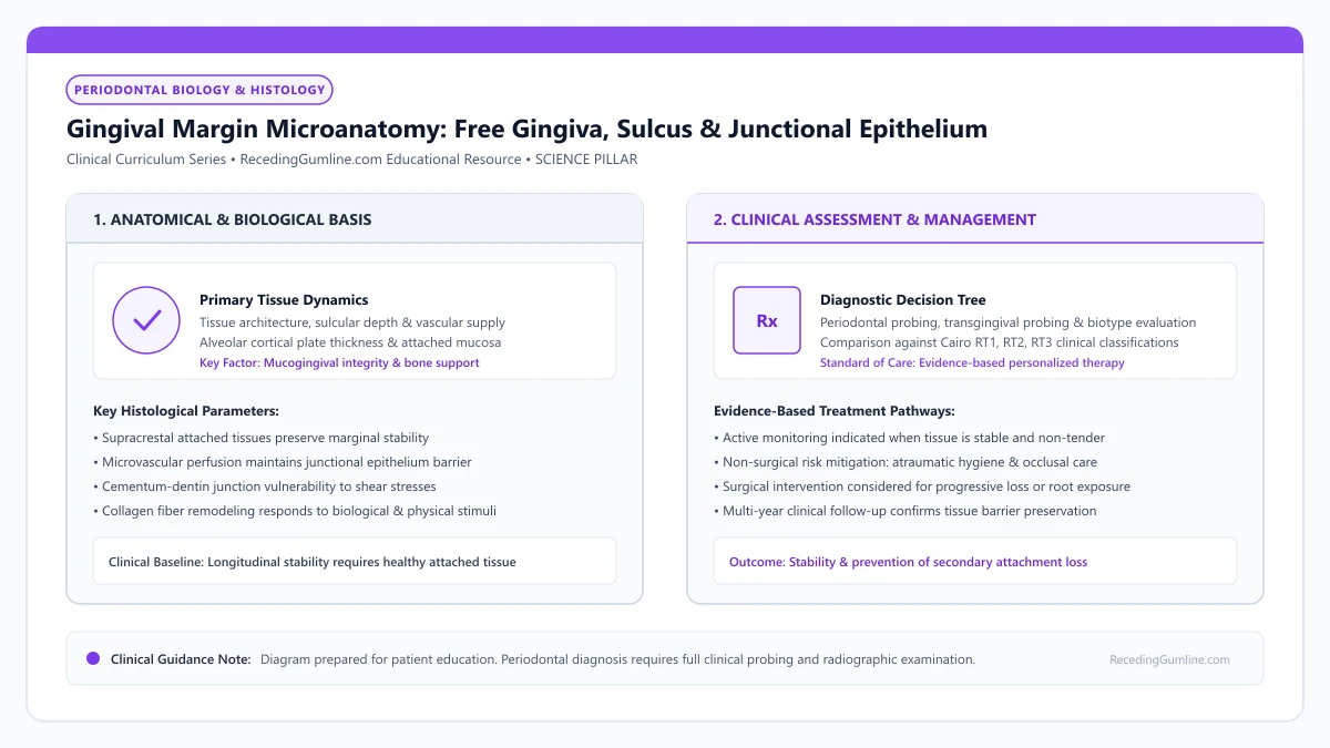 Educational diagram illustrating gingival margin microanatomy: free gingiva, sulcus & junctional epithelium, highlighting clinical tissue dynamics, anatomical landmarks, and evidence-based considerations.
