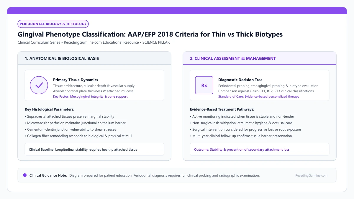 Educational diagram illustrating gingival phenotype classification: aap/efp 2018 criteria for thin vs thick biotypes, highlighting clinical tissue dynamics, anatomical landmarks, and evidence-based considerations.