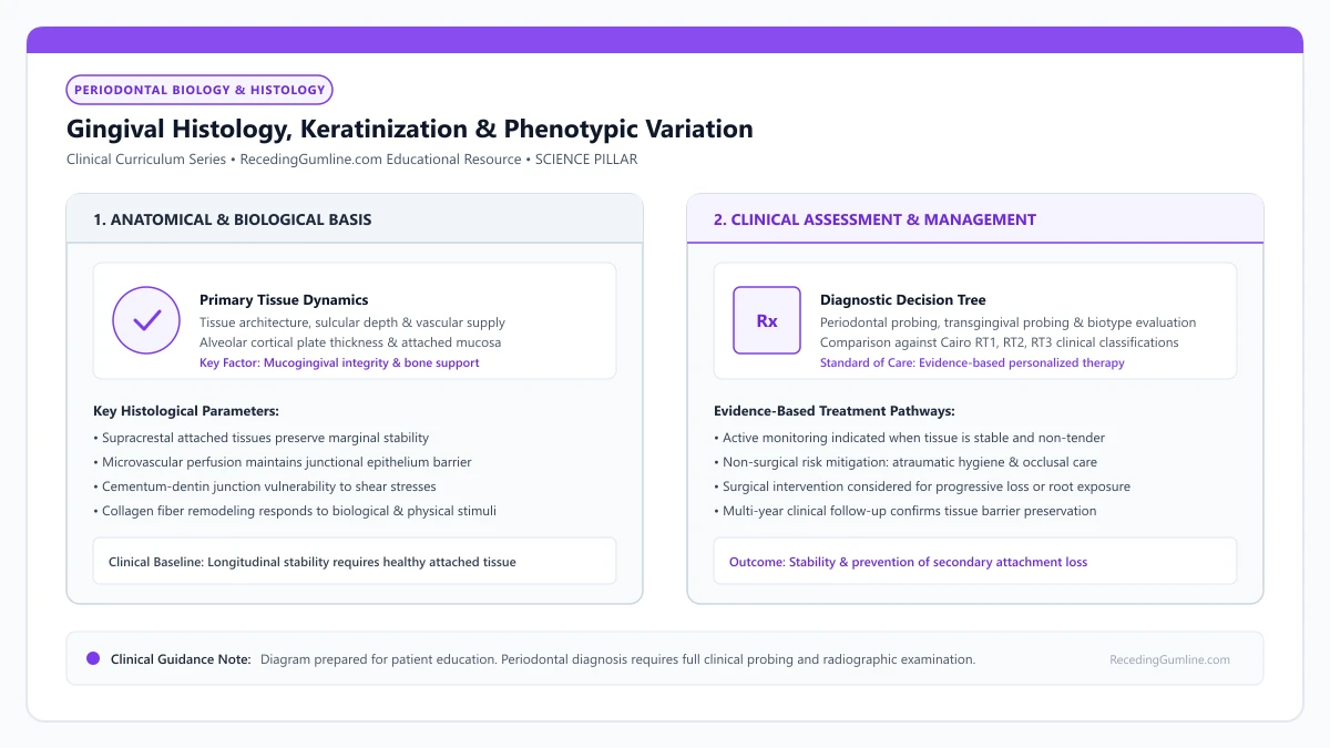 Educational diagram illustrating gingival histology, keratinization & phenotypic variation, highlighting clinical tissue dynamics, anatomical landmarks, and evidence-based considerations.