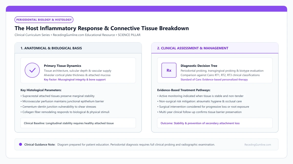 Educational diagram illustrating the host inflammatory response & connective tissue breakdown, highlighting clinical tissue dynamics, anatomical landmarks, and evidence-based considerations.