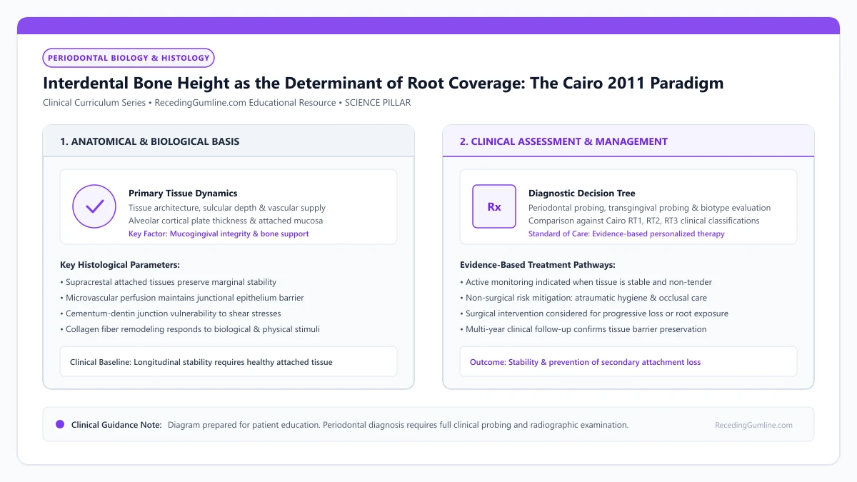 Educational diagram illustrating interdental bone height as the determinant of root coverage: the cairo 2011 paradigm, highlighting clinical tissue dynamics, anatomical landmarks, and evidence-based considerations.