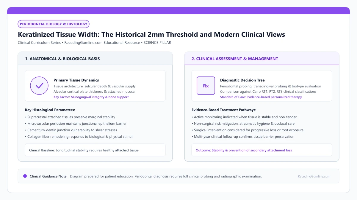 Educational diagram illustrating keratinized tissue width: the historical 2mm threshold and modern clinical views, highlighting clinical tissue dynamics, anatomical landmarks, and evidence-based considerations.