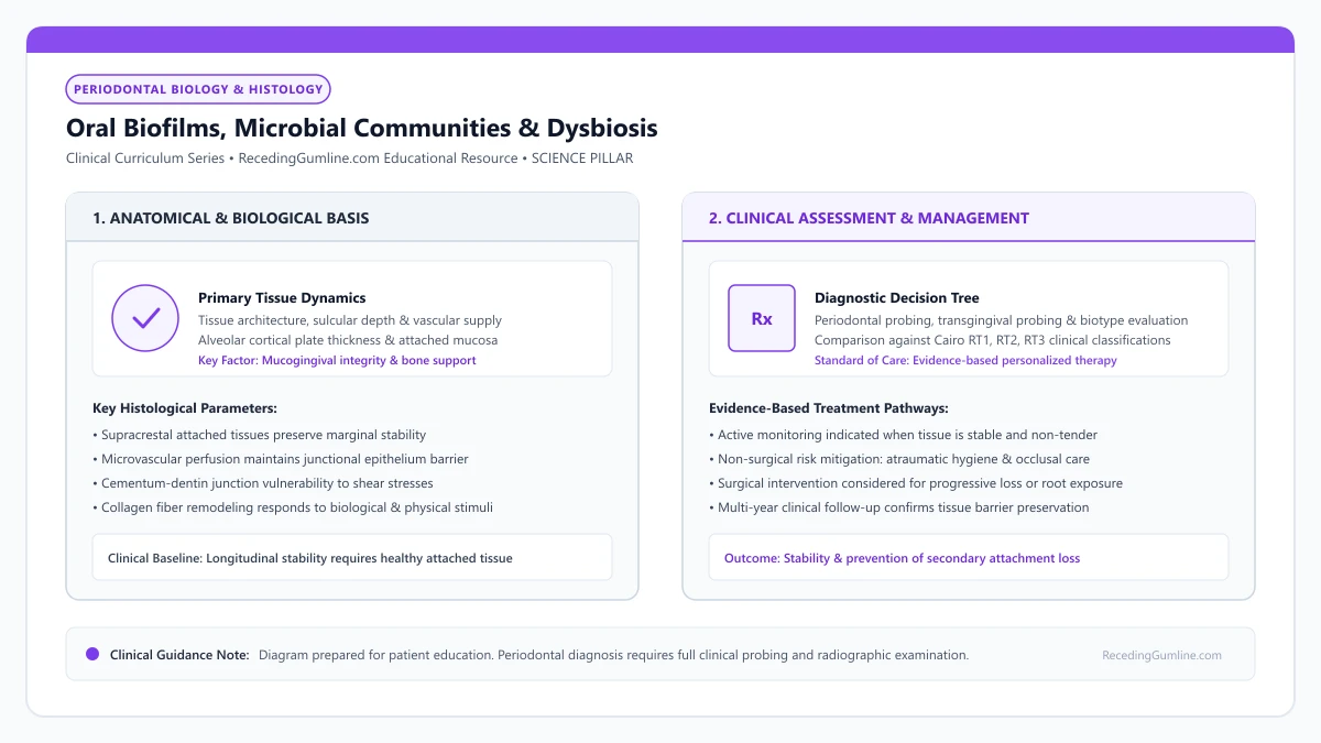 Educational diagram illustrating oral biofilms, microbial communities & dysbiosis, highlighting clinical tissue dynamics, anatomical landmarks, and evidence-based considerations.
