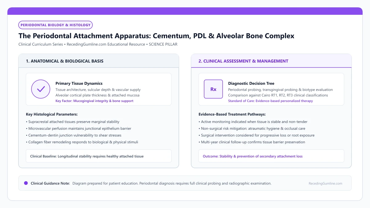 Educational diagram illustrating the periodontal attachment apparatus: cementum, pdl & alveolar bone complex, highlighting clinical tissue dynamics, anatomical landmarks, and evidence-based considerations.