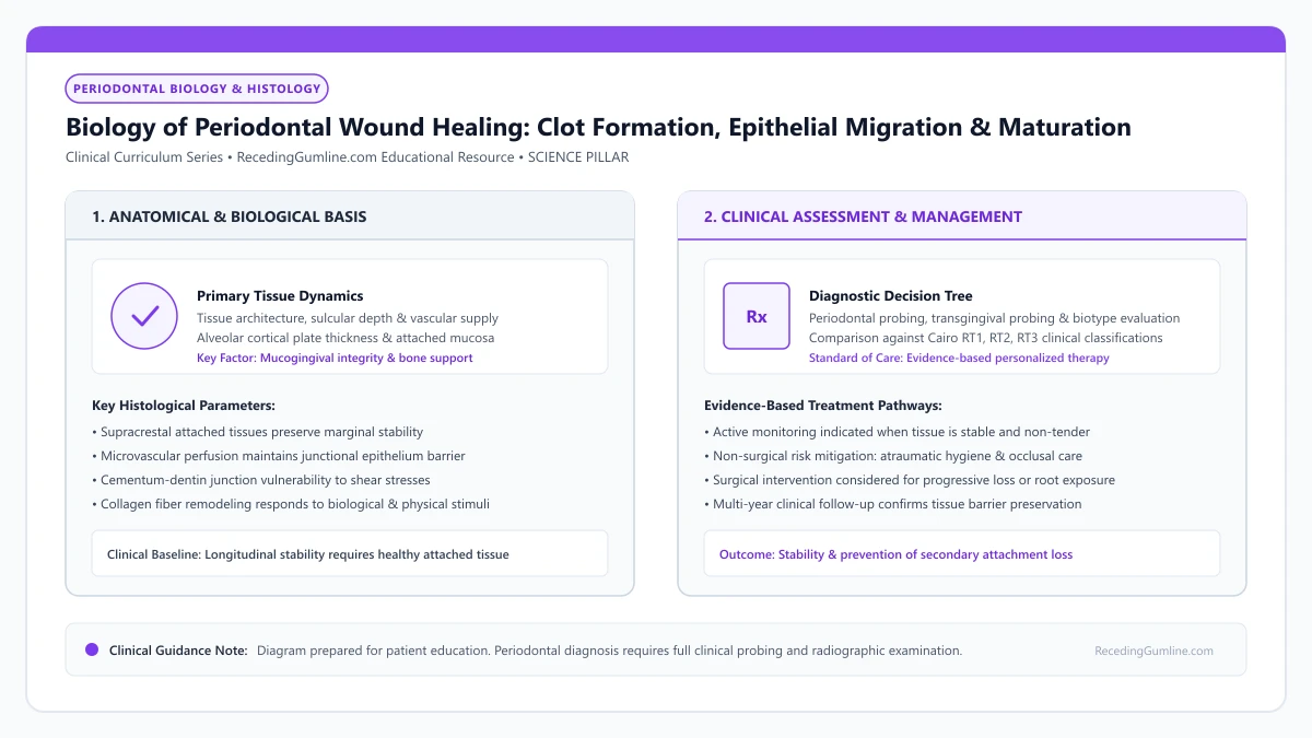 Educational diagram illustrating biology of periodontal wound healing: clot formation, epithelial migration & maturation, highlighting clinical tissue dynamics, anatomical landmarks, and evidence-based considerations.