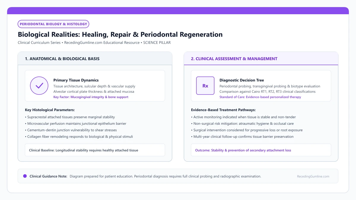 Educational diagram illustrating biological realities: healing, repair & periodontal regeneration, highlighting clinical tissue dynamics, anatomical landmarks, and evidence-based considerations.