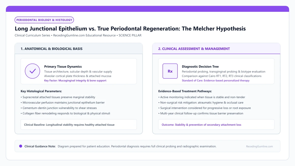 Educational diagram illustrating long junctional epithelium vs. true periodontal regeneration: the melcher hypothesis, highlighting clinical tissue dynamics, anatomical landmarks, and evidence-based considerations.