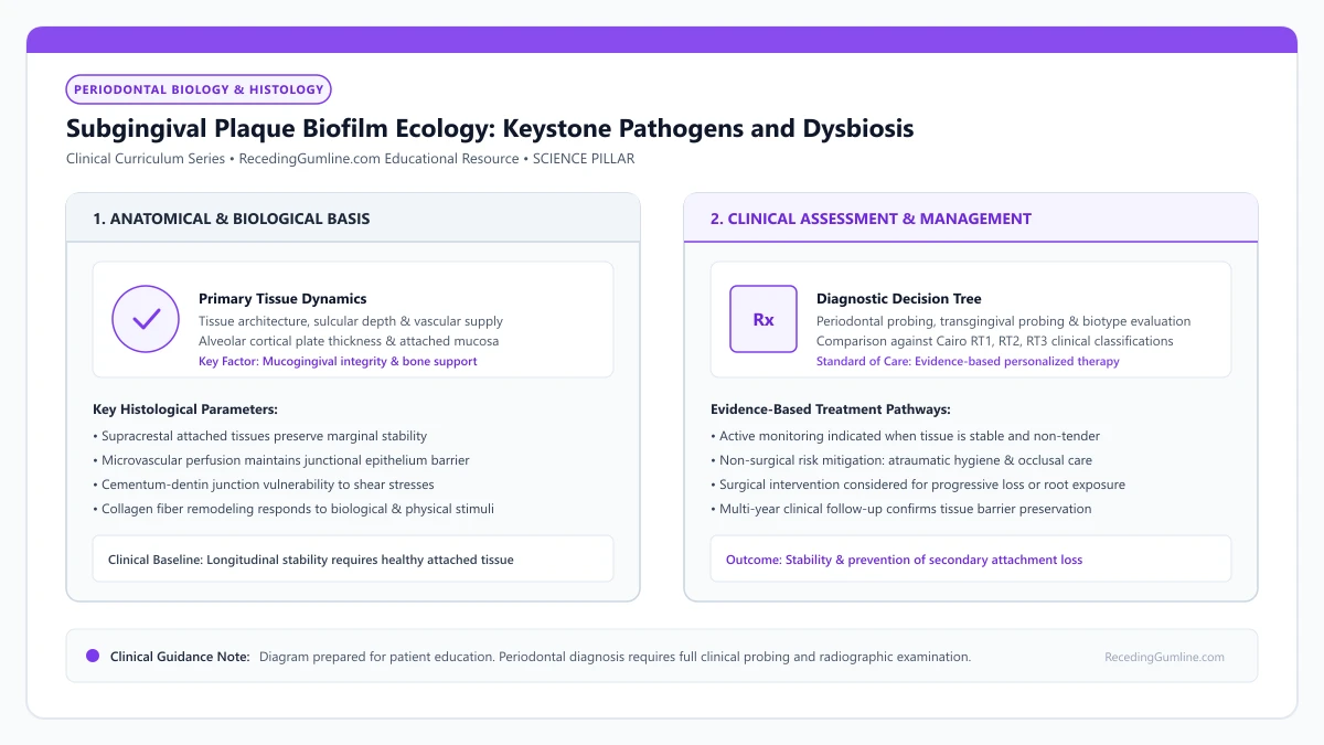 Educational diagram illustrating subgingival plaque biofilm ecology: keystone pathogens and dysbiosis, highlighting clinical tissue dynamics, anatomical landmarks, and evidence-based considerations.