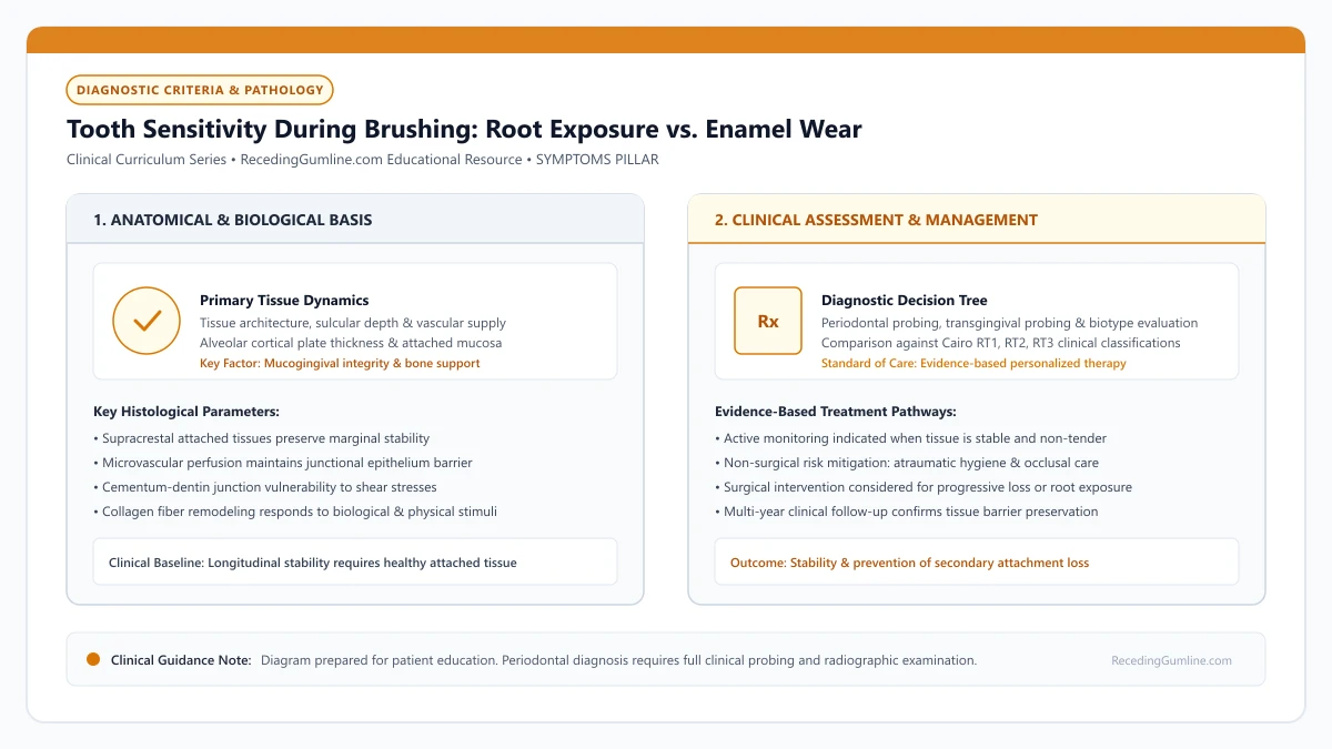 Educational diagram illustrating tooth sensitivity during brushing: root exposure vs. enamel wear, highlighting clinical tissue dynamics, anatomical landmarks, and evidence-based considerations.