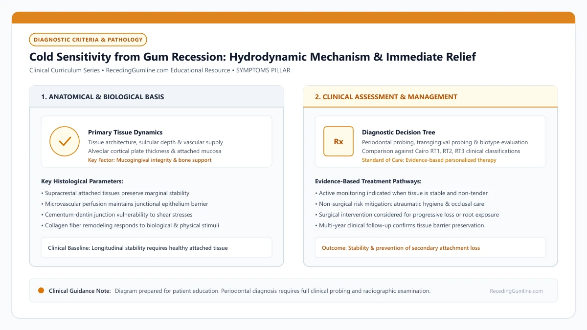 Educational diagram illustrating cold sensitivity from gum recession: hydrodynamic mechanism & immediate relief, highlighting clinical tissue dynamics, anatomical landmarks, and evidence-based considerations.